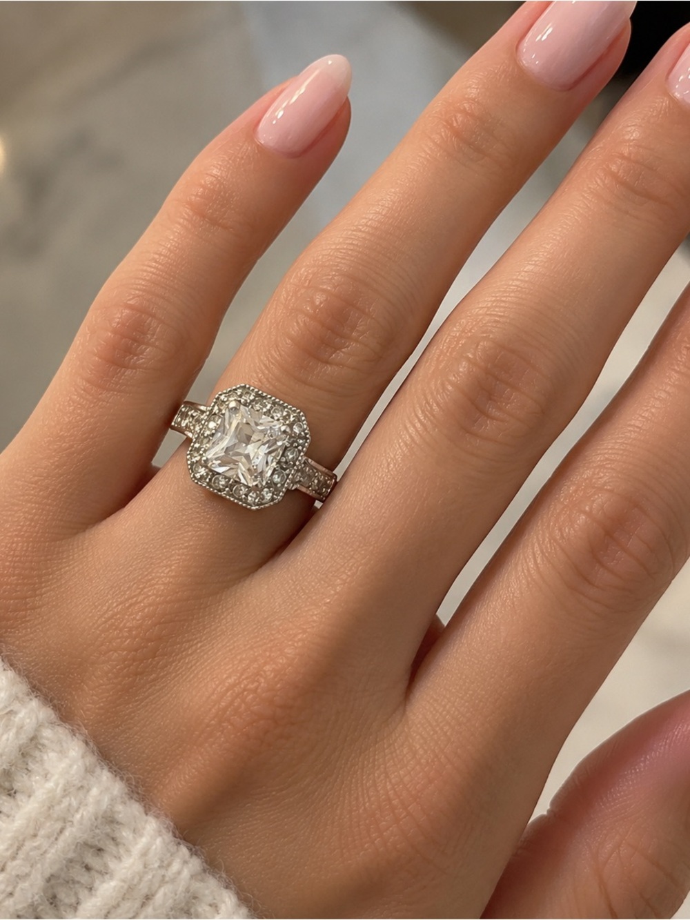 Bloomingdale's Silver Halo Cushion Ring with Clear Center Stone